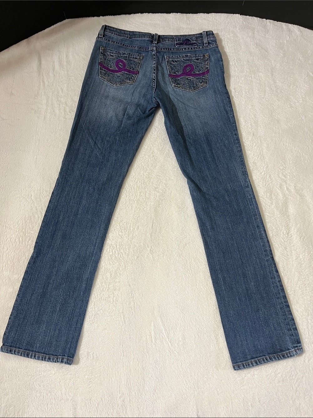 Seven7 Straight Leg Low Rise Blue Jeans with Purple Pocket Trim